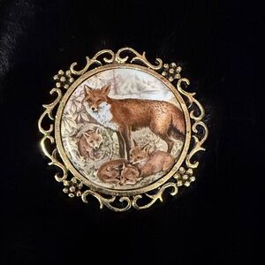 Vintage Fox Family Porcelain Brooch with Filigree Frame